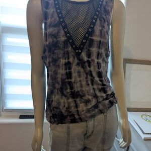 Charlotte Russe Black and Gray Tie-Dye Tank Top with Mesh